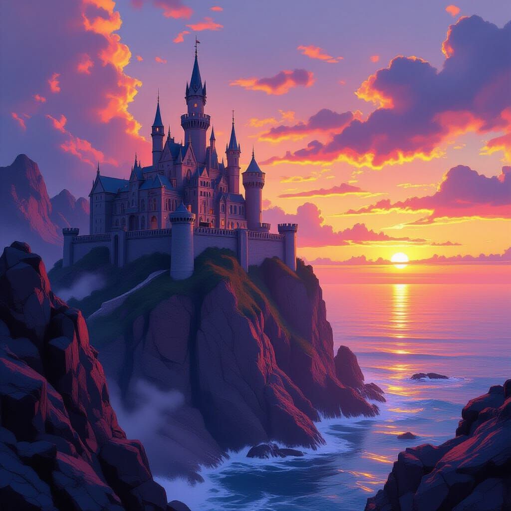 Majestic Castle on Cliff at Sunset: Matte Painting