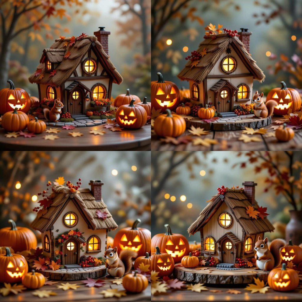 Cozy Autumn Scene Miniature House with Pumpkins and Squirrel