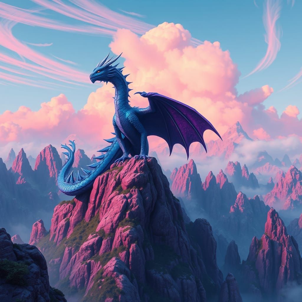 Blue and Purple Dragon on Pink Mountain: Matte Painting