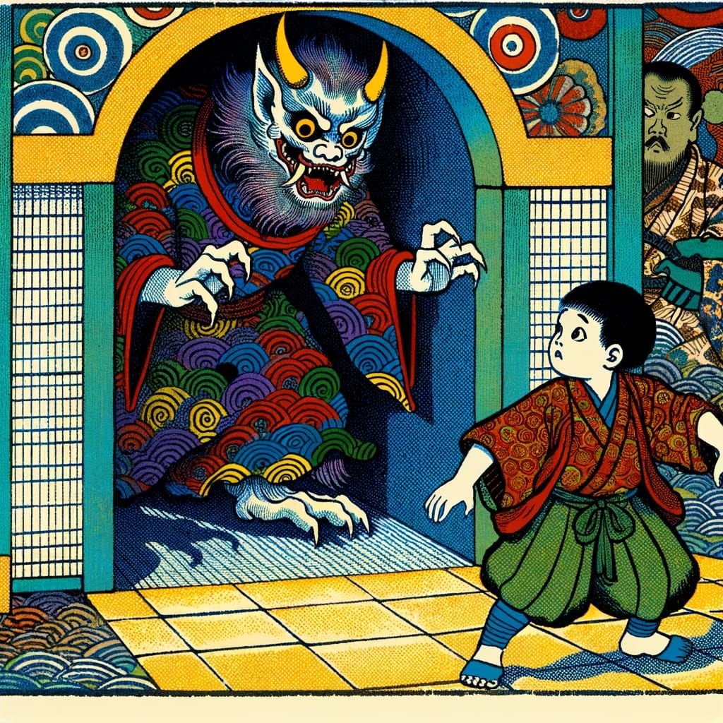 Yokai and Boy Combat Closet Monster, Edo Print