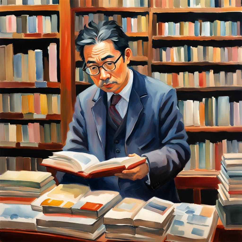 Japanese Bookstore Owner in Gouache Watercolor Style