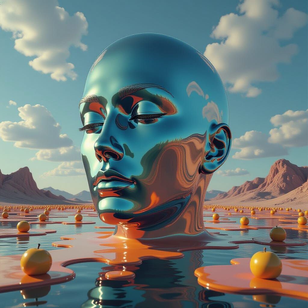 Surreal Glass Head Over Melting Fruit Landscape