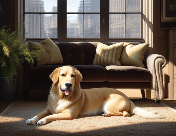 Golden Retriever Sits Confused on Carpet in Warm Light