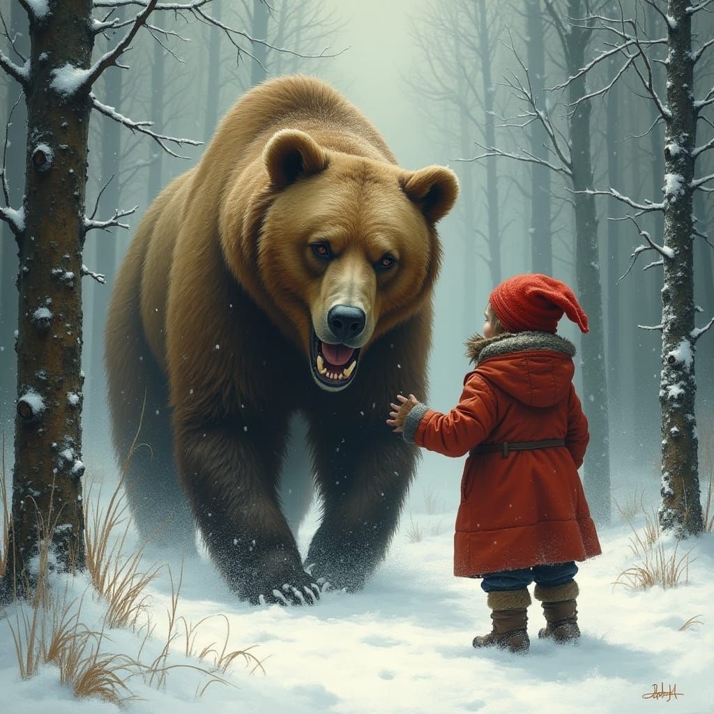 Tomte Wrestles Grizzly Bear in Snowy Forest