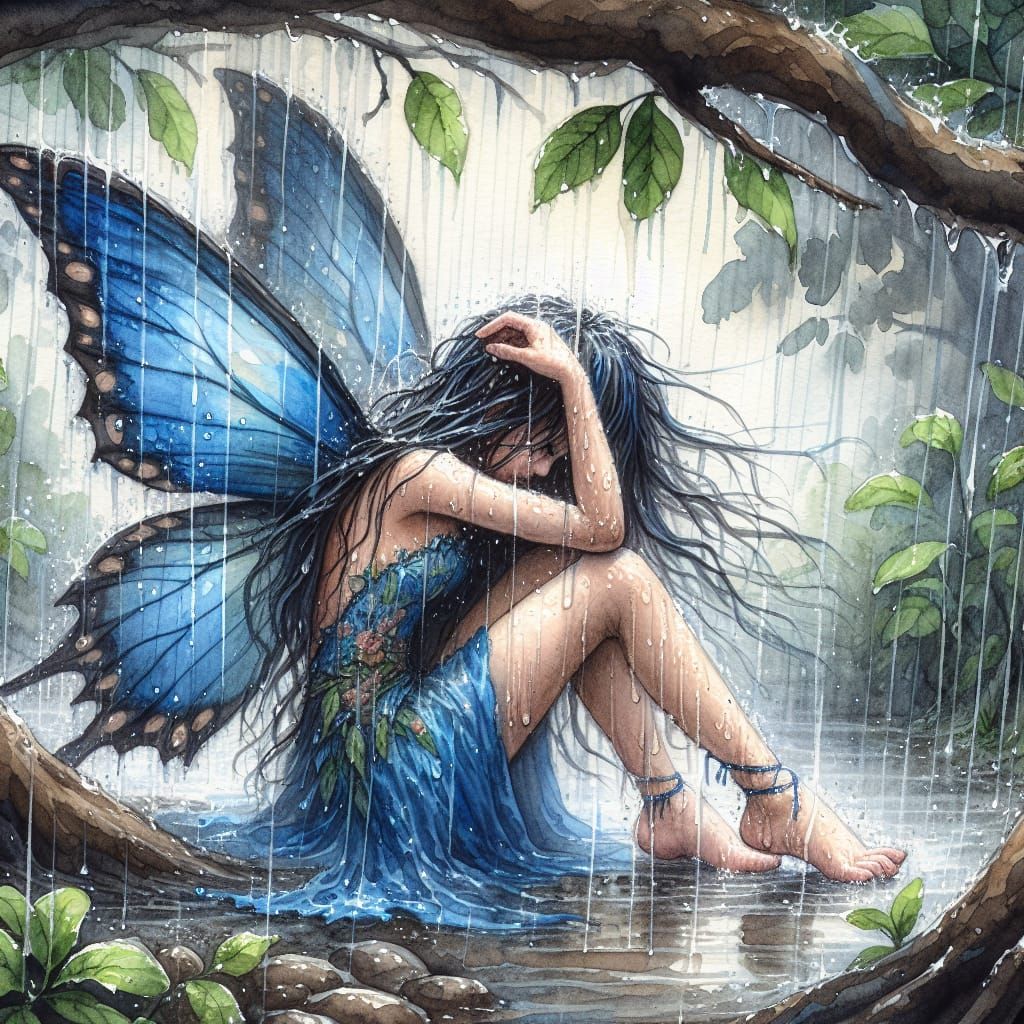 Fairy Sheltering from Spring Rain in Watercolor
