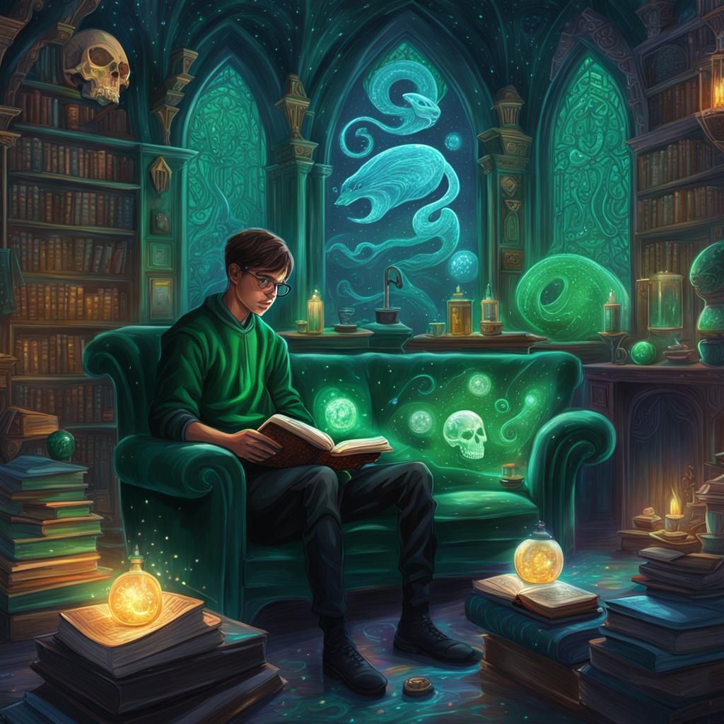 Bioluminescent Slytherin Common Room Illustration