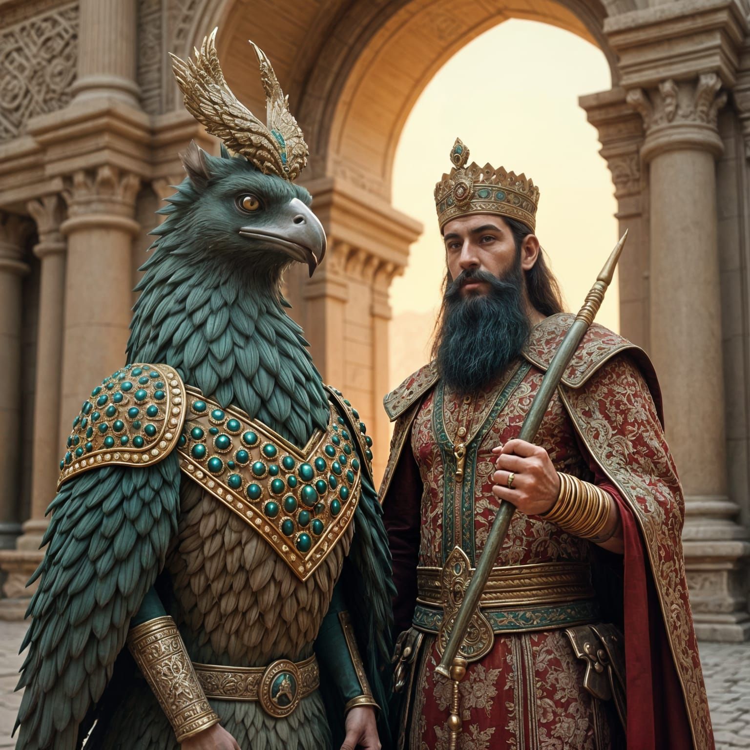 Persian Griffin and King in Opulent Fantasy Art