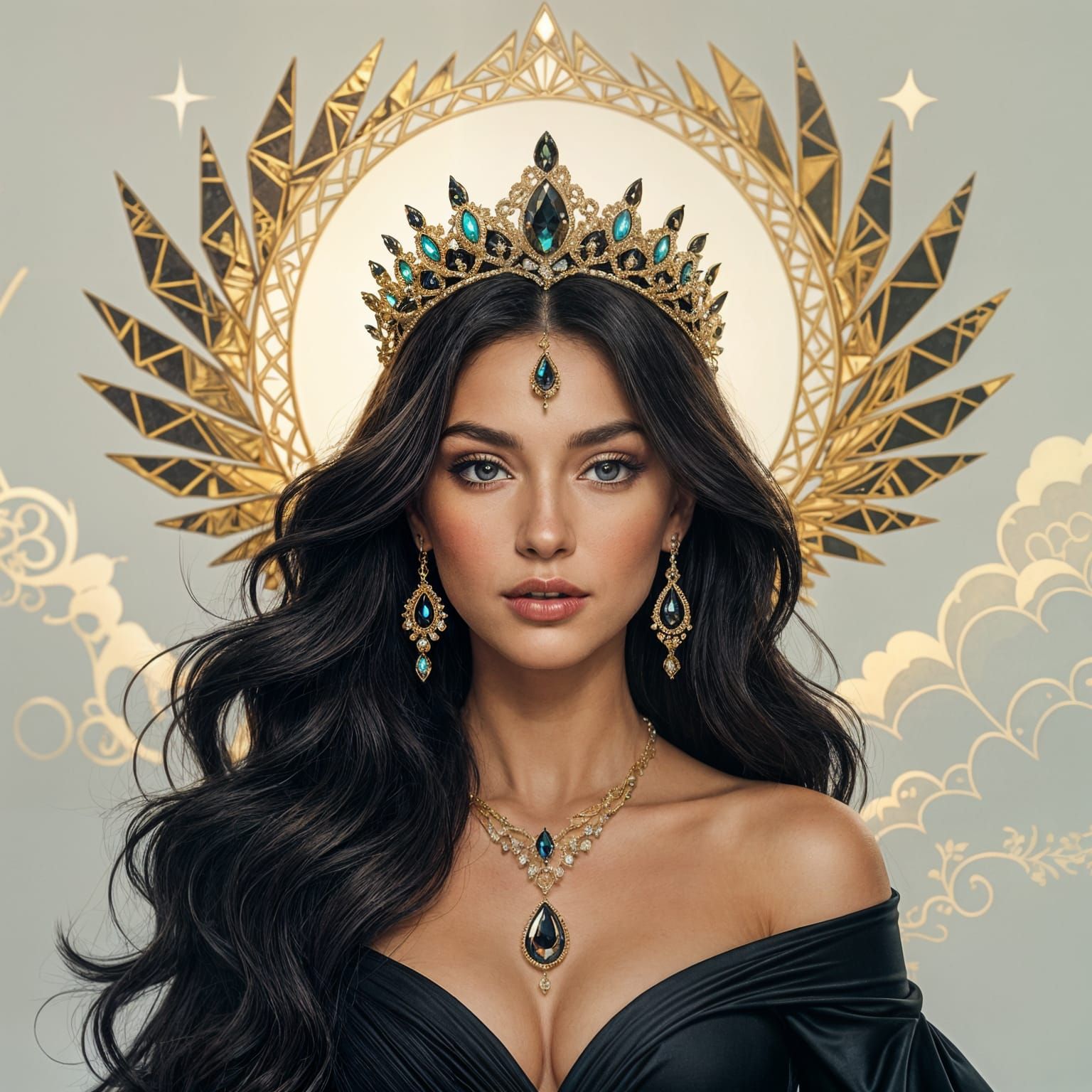 Surreal Regal Portrait: Woman with Golden Halo and Wing Shar...