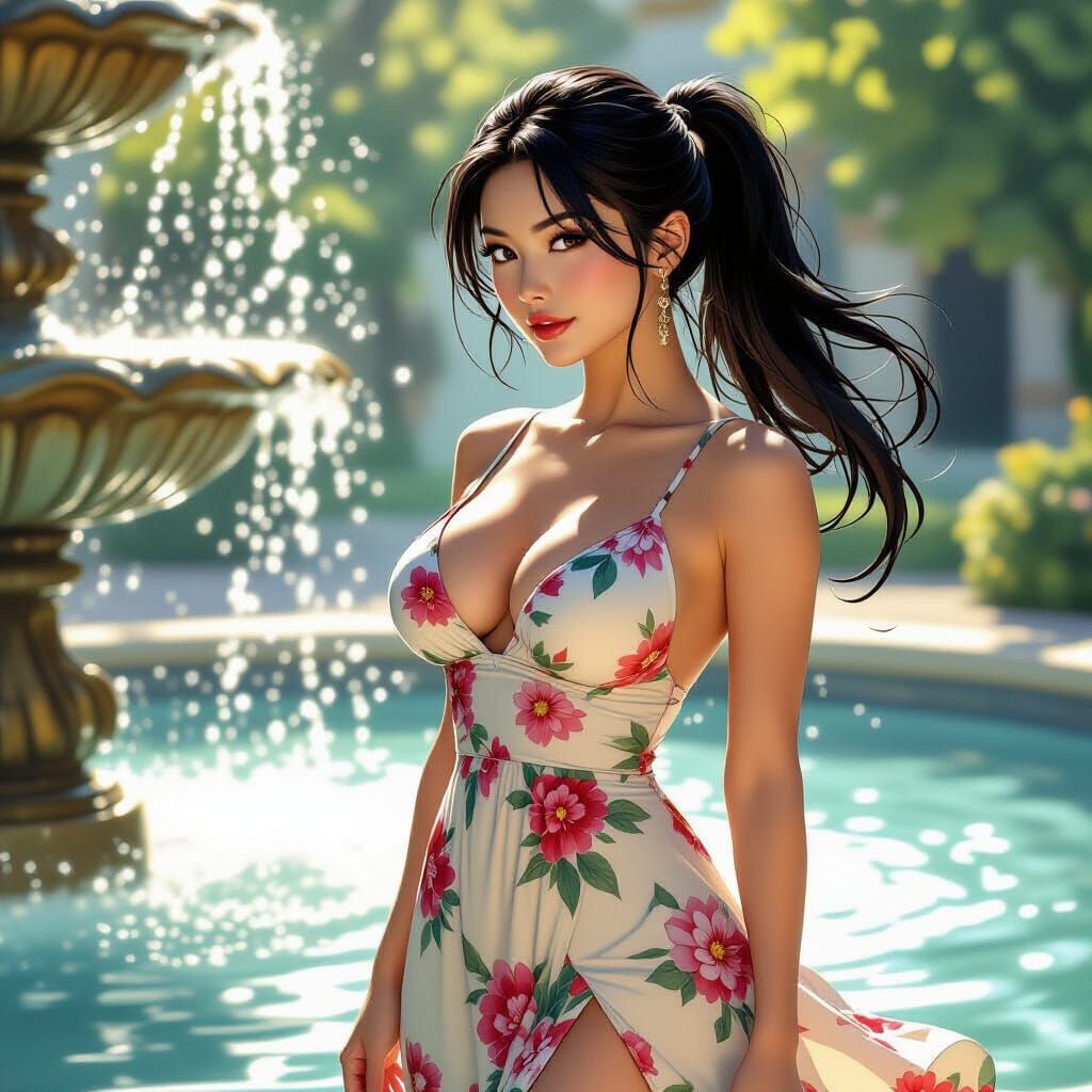 Asian Woman in Sundress by Fountain, Comic Style