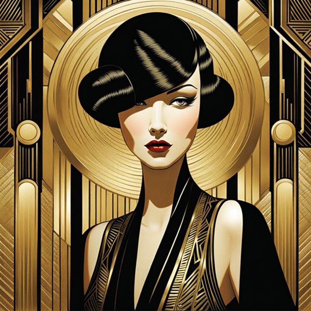 Elegant Art Deco Portrait of a Girl in Gold and Black