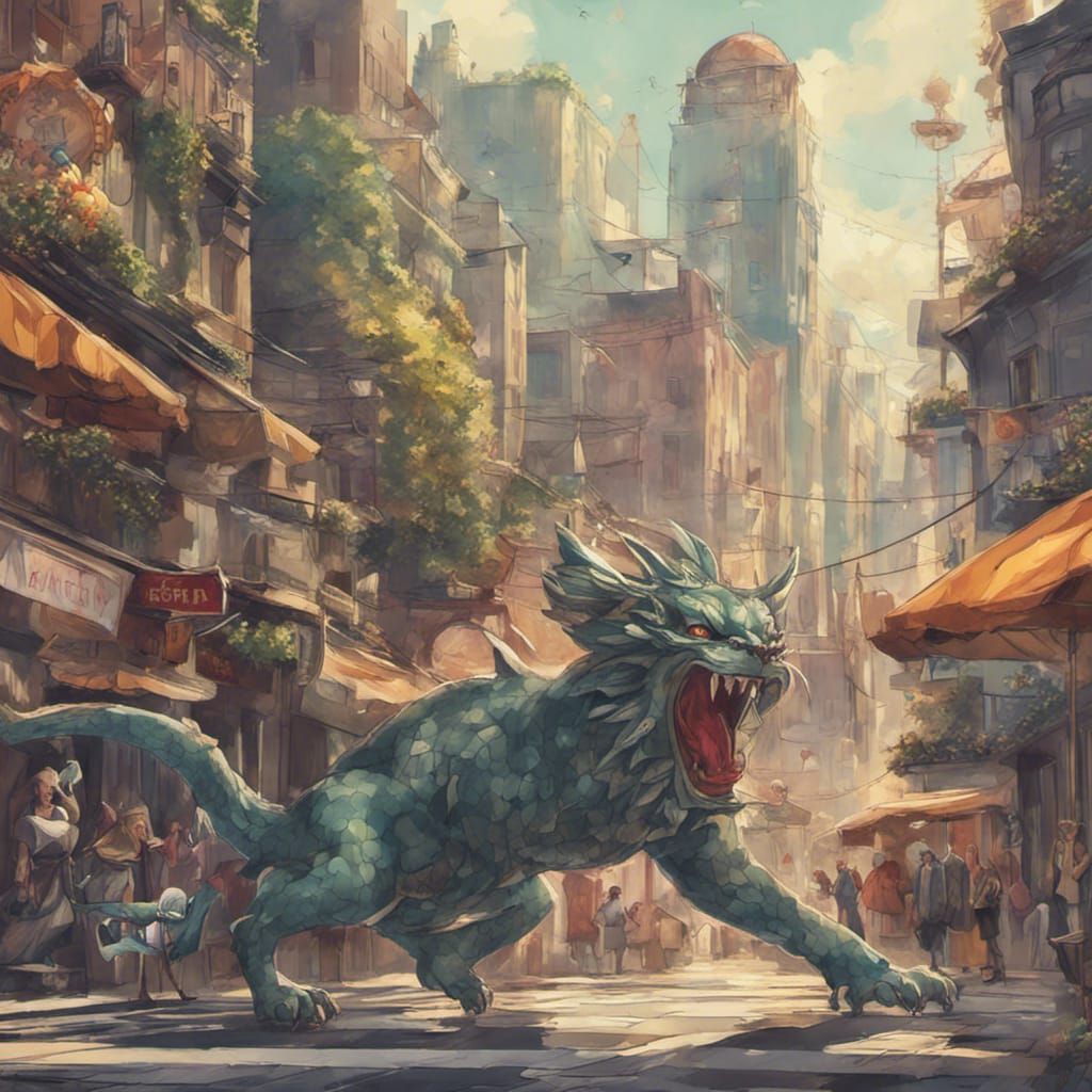 Dragon Cat Chasing Taxi, Hyperdetailed Concept Art