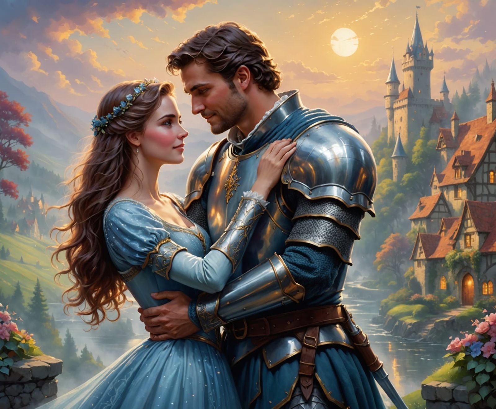 Knight and Lady in Loving Embrace: Realistic Ethereal Painti...