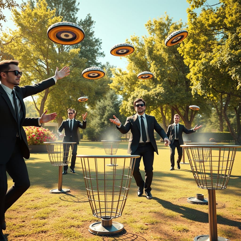 Men in Black Disc Golf in Futuristic Park