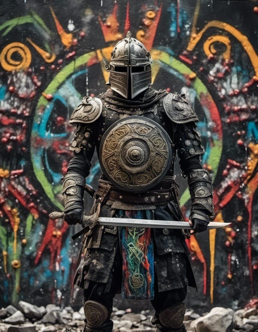 <lora:Dark fantasy realism:1.0> A powerful Celtic warrior in battle armor, covered with intricate Celtic knot tattoos ac...