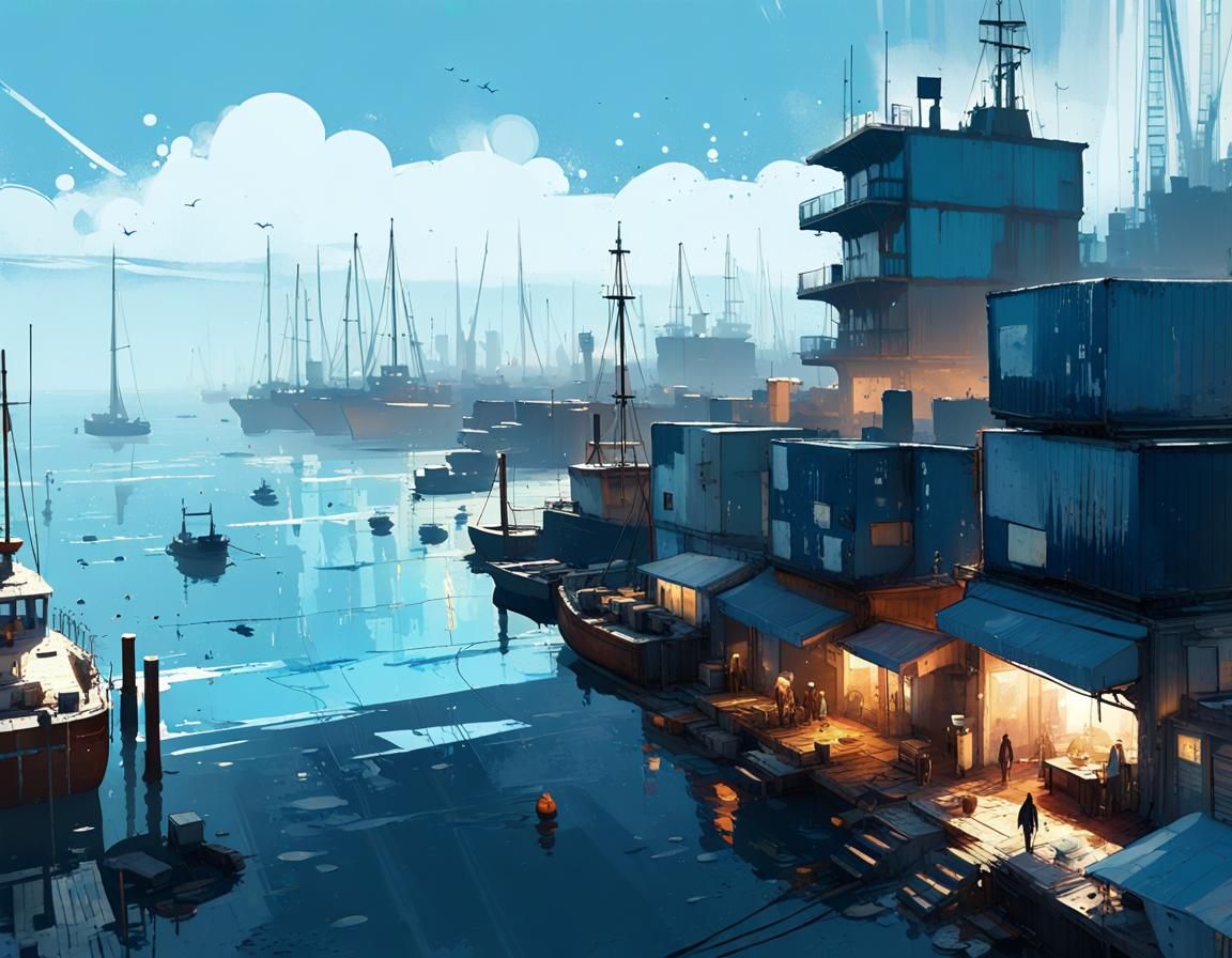 Blue Seascape Harbor: A Digital Illustration