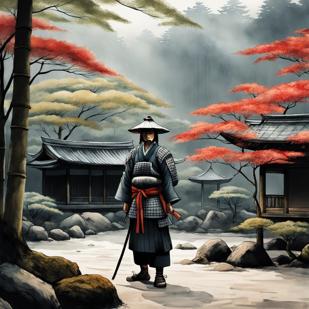 Minimalist Japanese Garden in Ink Wash Style