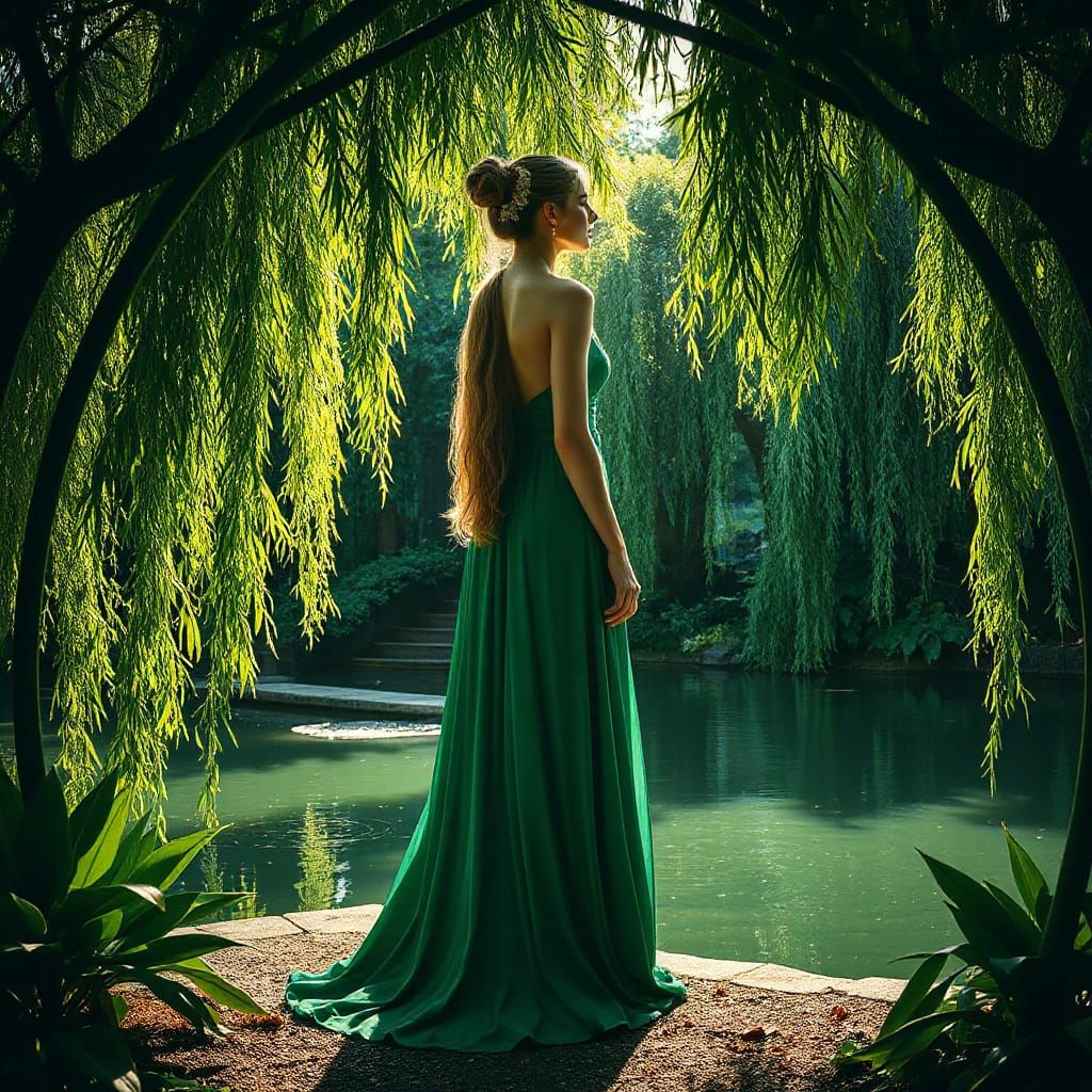 Art Nouveau Woman in Emerald Gown in Secret Garden
