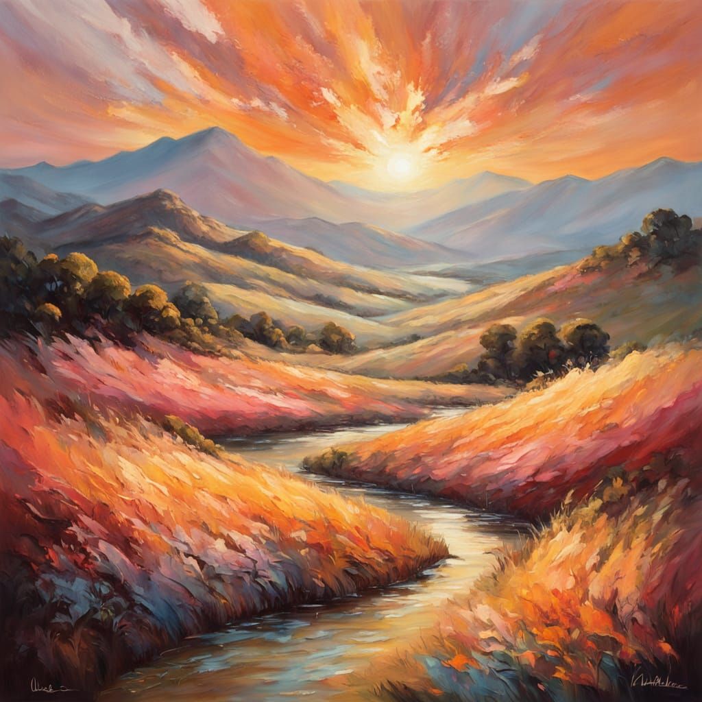 Vibrant Sunset Landscape in Expressive Oil Painting