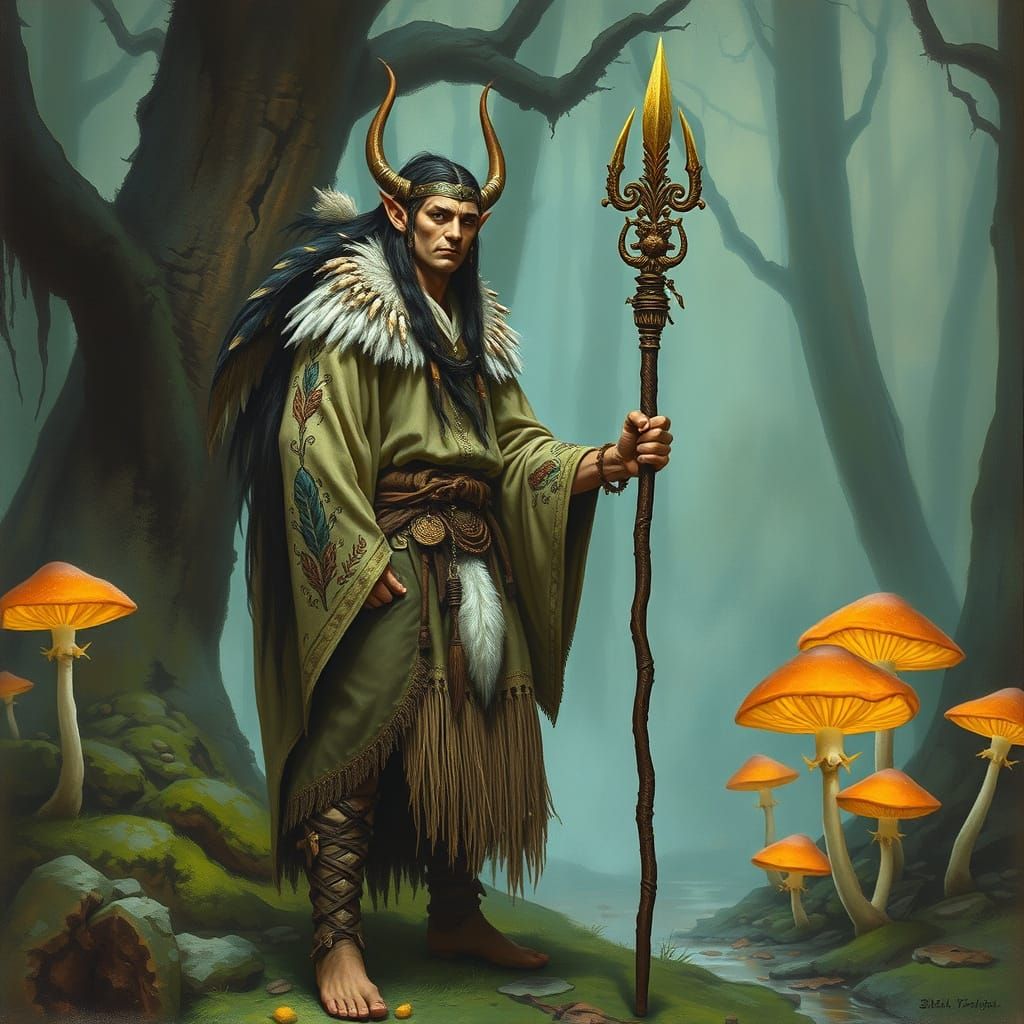 Mystical Elf Shaman in Misty Forest