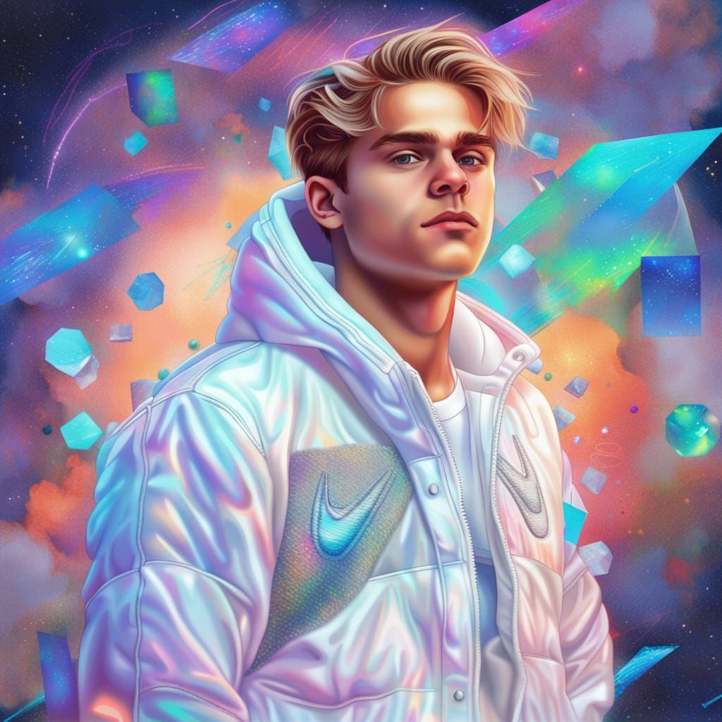 Holographic Astral Illustration of Shirtless Young Man