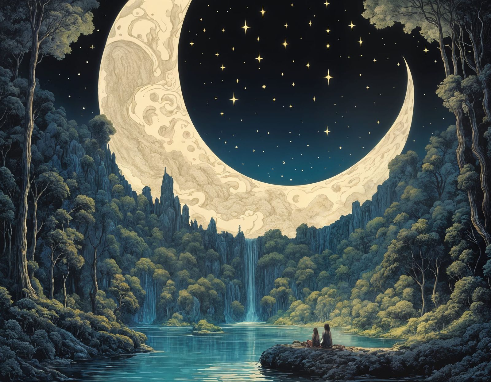 Dreamy Lunar Waterfall Scene in a Cyberpunk Aesthetic