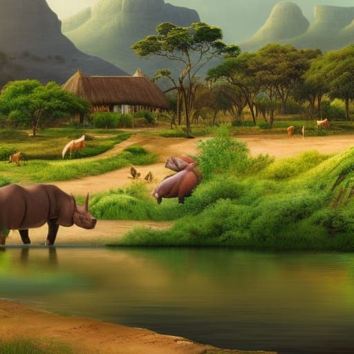 South African Farmhouse by River: Detailed Matte Painting