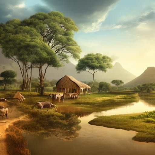 South African Farmhouse with Hippos in Detailed Matte Painti...