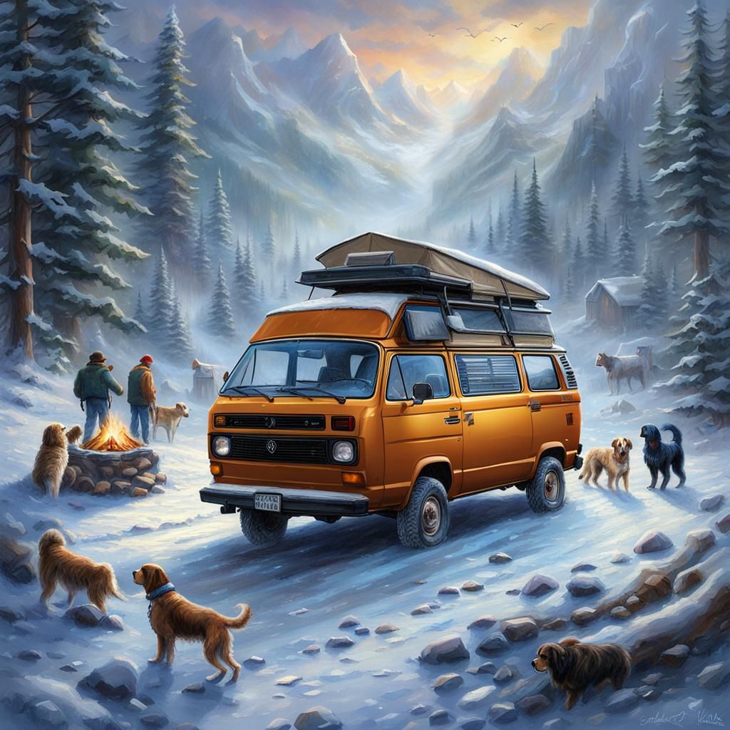 Vanagon Syncro Camping in Snowy Fantasy Landscape