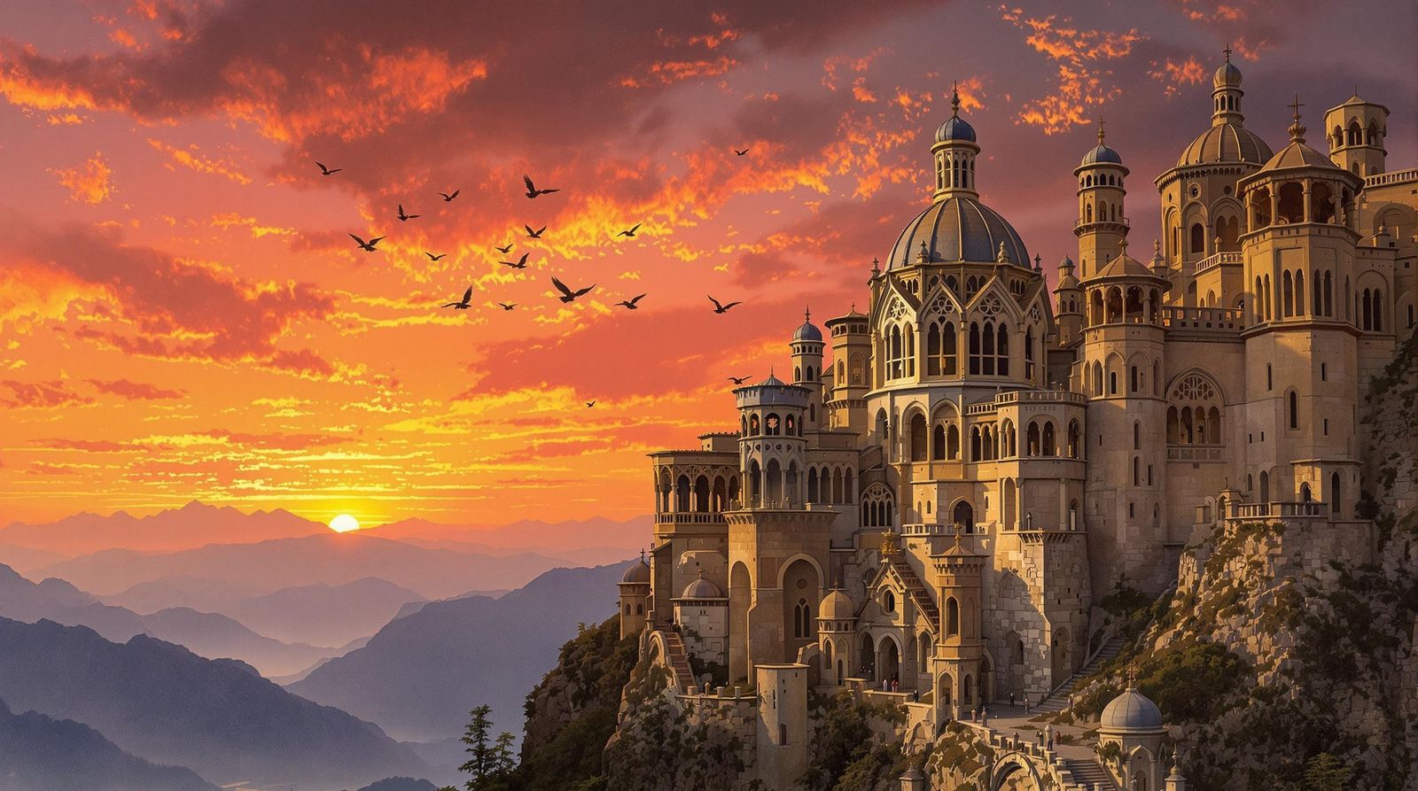 Saxon Monastery on Mountain at Sunset