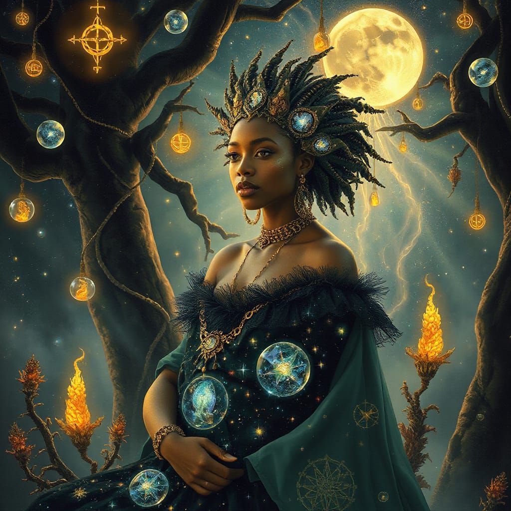 Ethereal African Queen in Celestial Art Nouveau Style