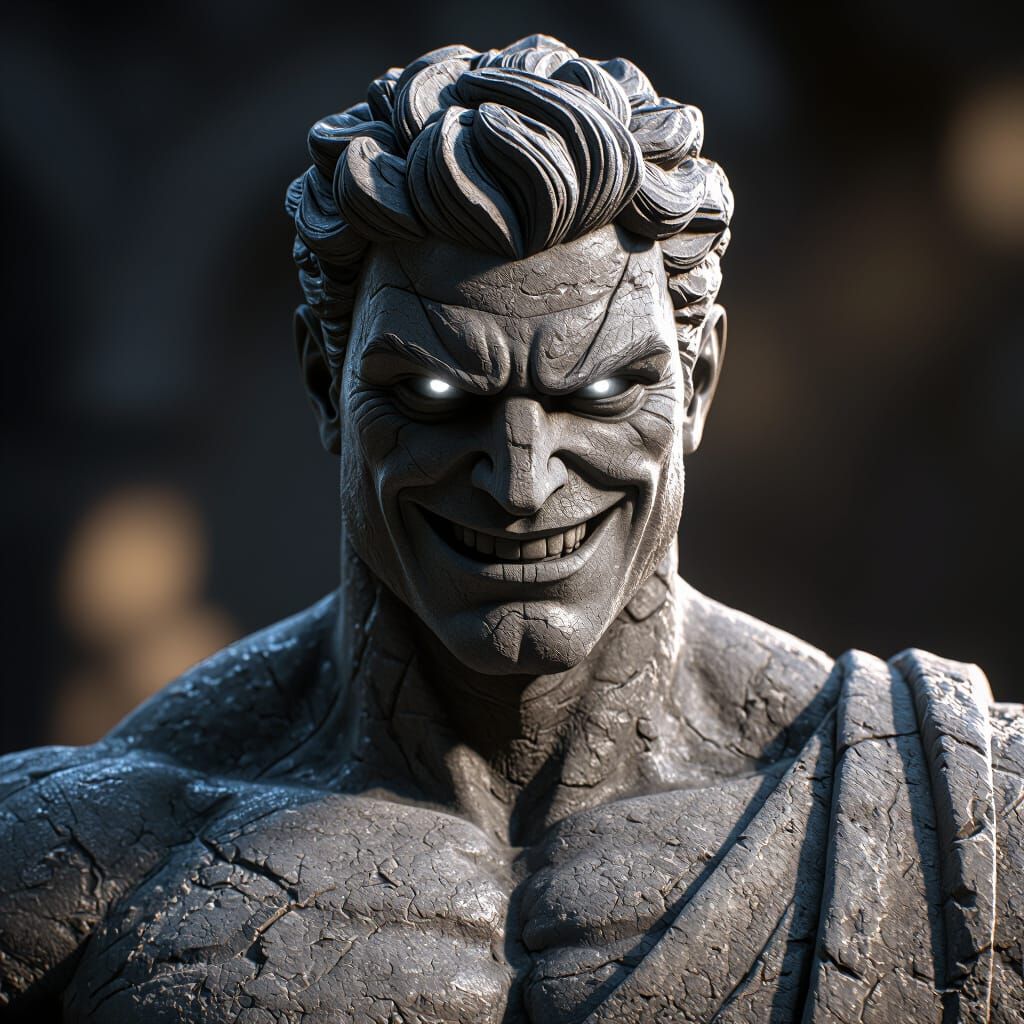 Muscular Stone Statue With Evil Smile And Silver Pupils