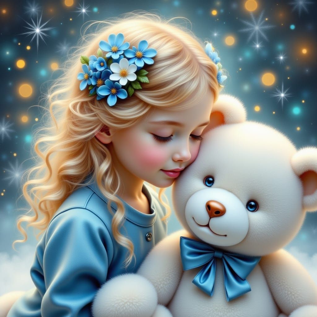 Whimsical Girl Whispers Secret to Teddy Bear in Ethereal Glo...