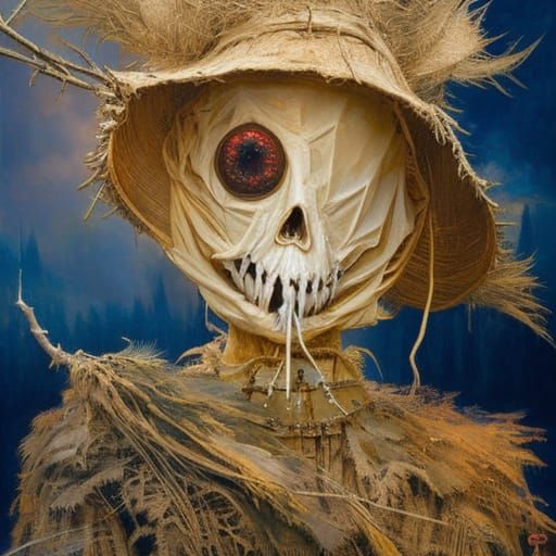 Eerie Scarecrow Portrait in Hyperreal Expressionism