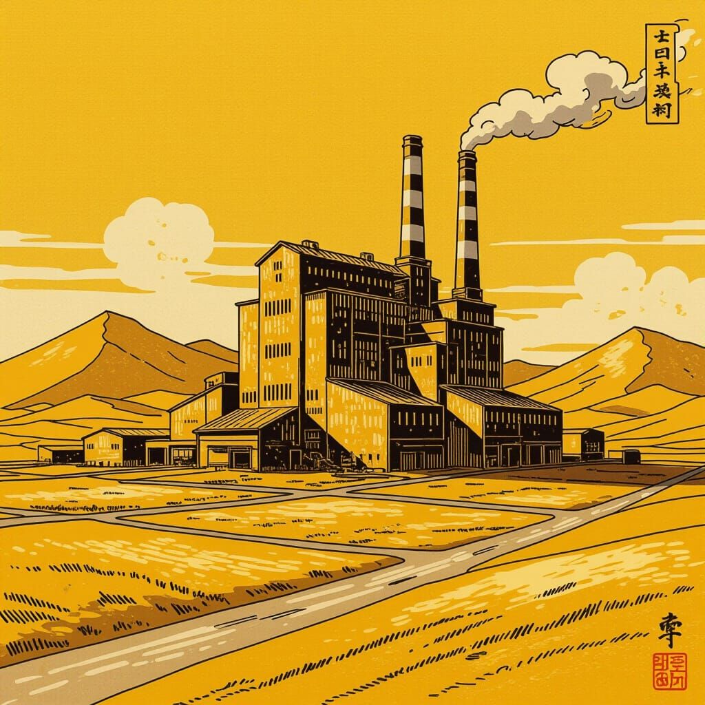 Abandoned Factory in Golden Desert, Ukiyo-e Style