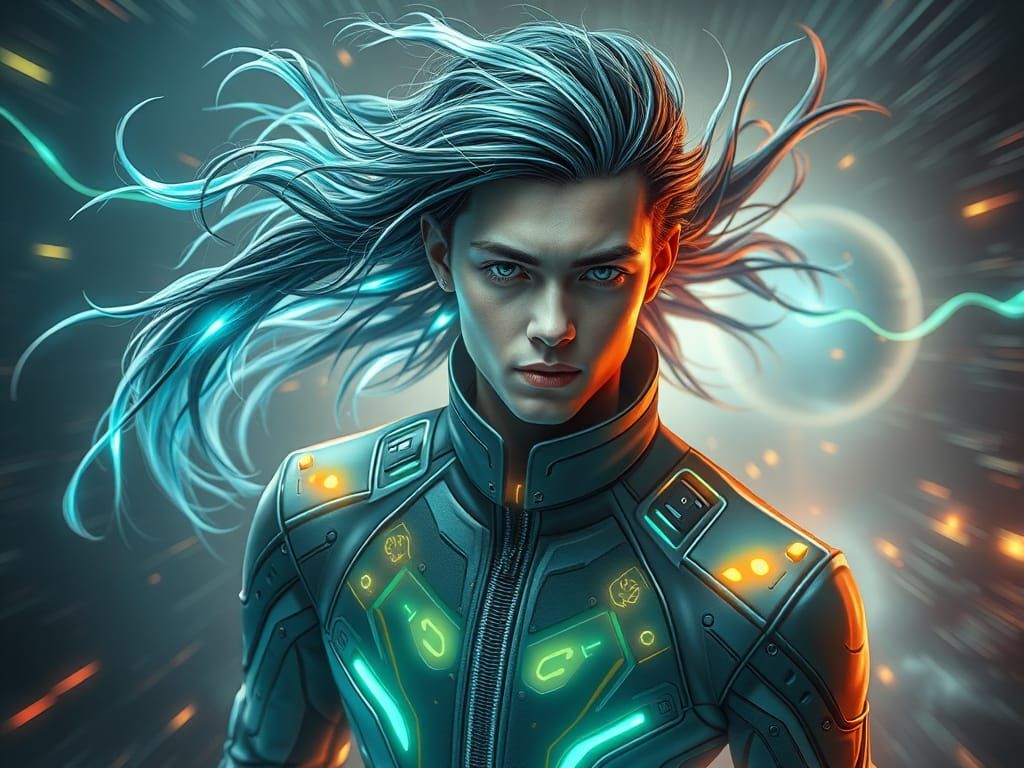 Futuristic Man Manipulating Time in Hyperrealistic Style