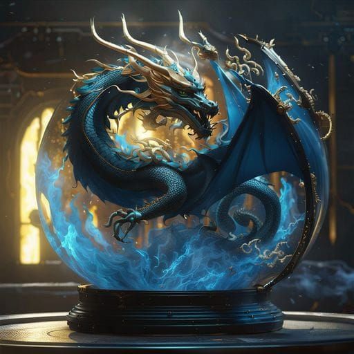 Ethereal Black and Blue Dragon in Glass Sphere