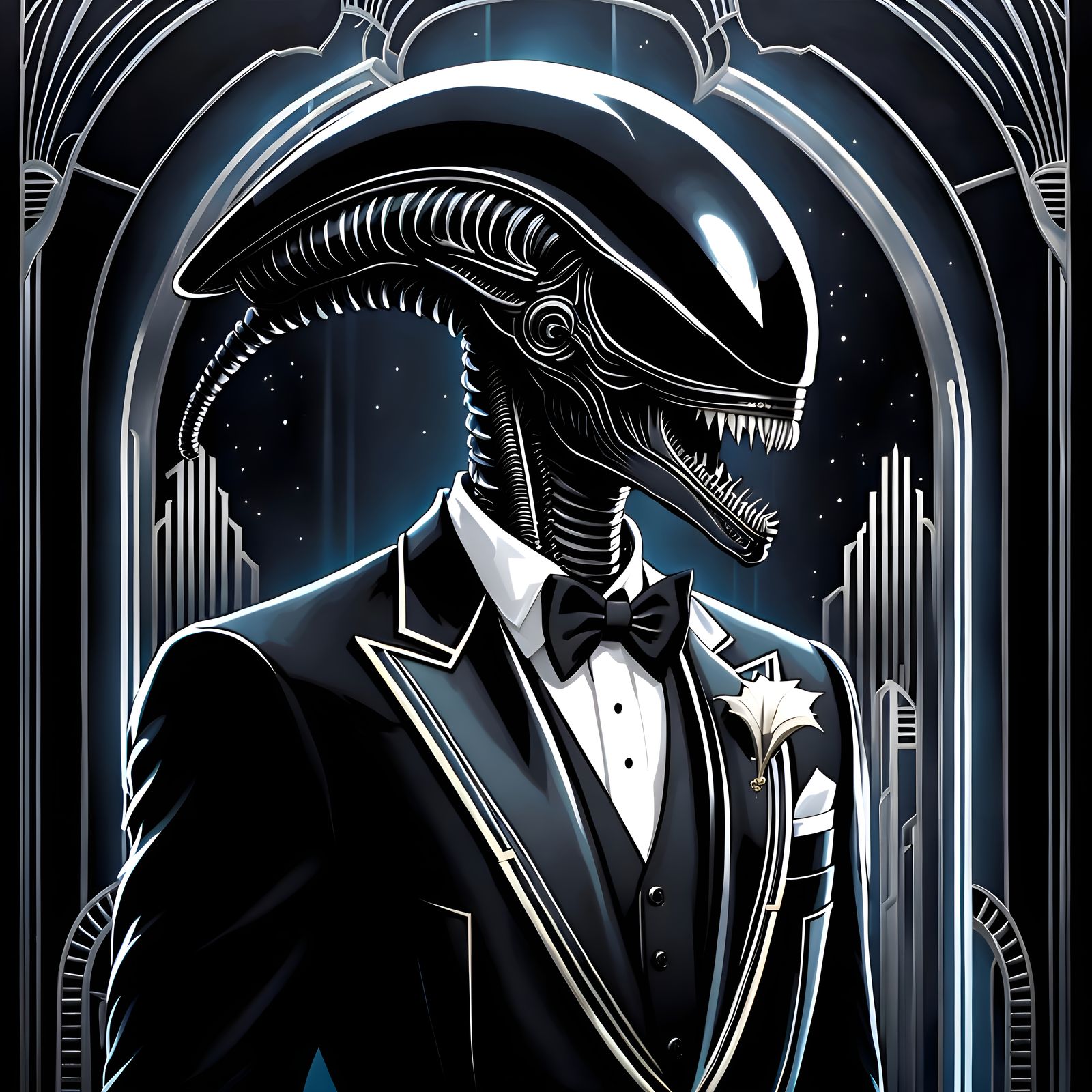 Art Deco Xenomorph in Tuxedo