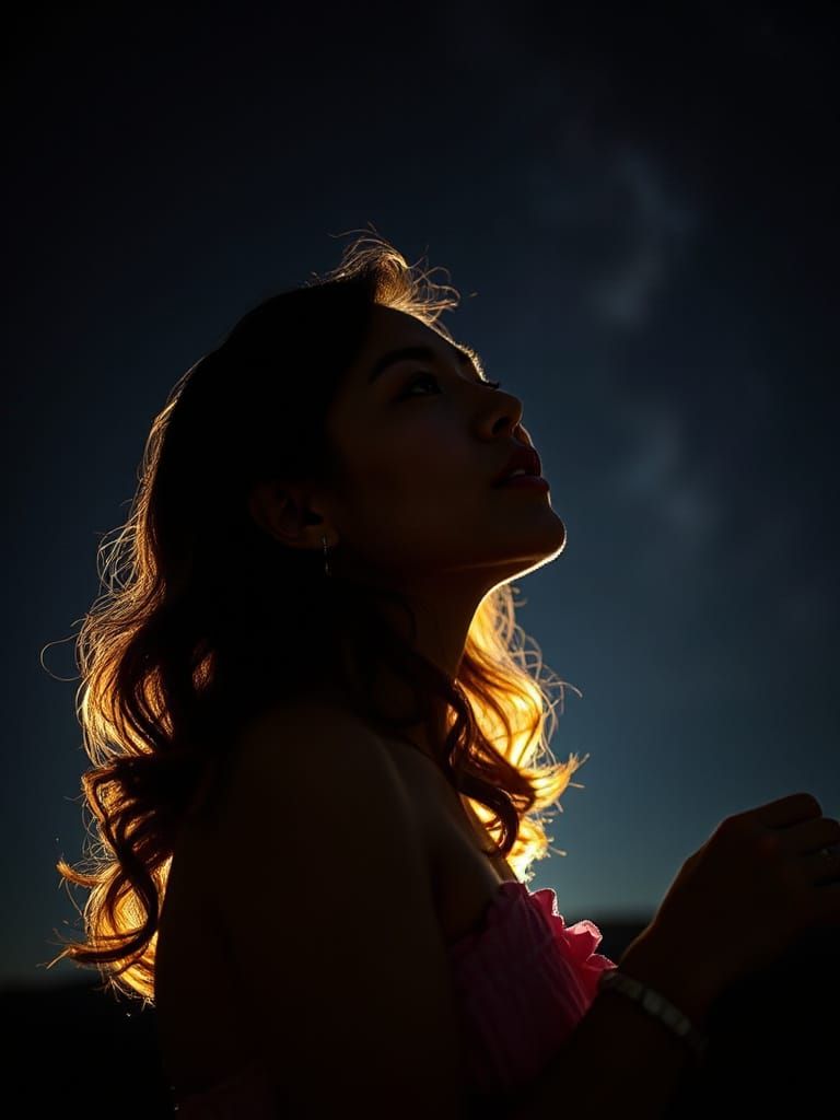 Romantic Nighttime Portrait Under Dramatic Lighting