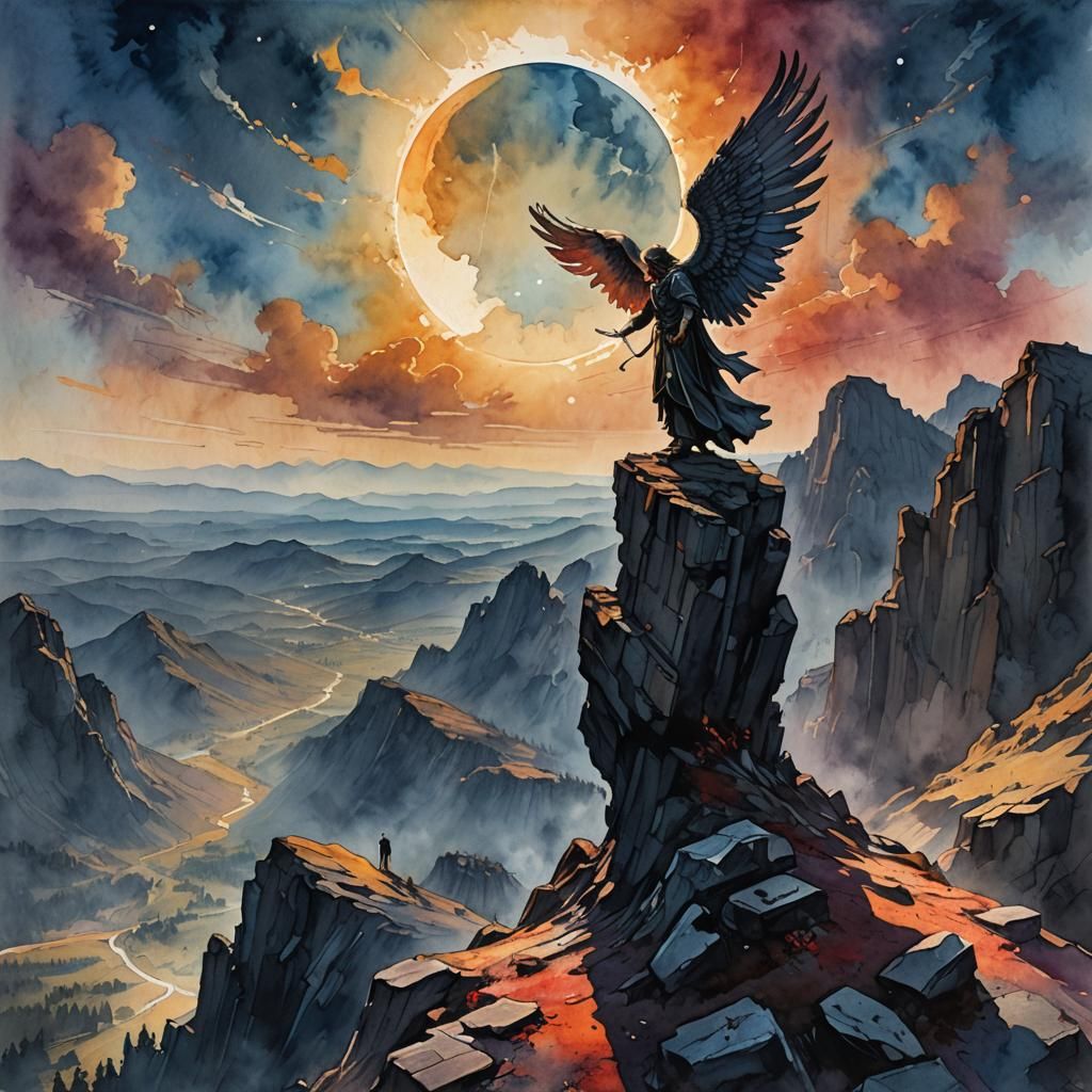 Dark Angel Eclipse: Impressionistic Watercolor Illustration