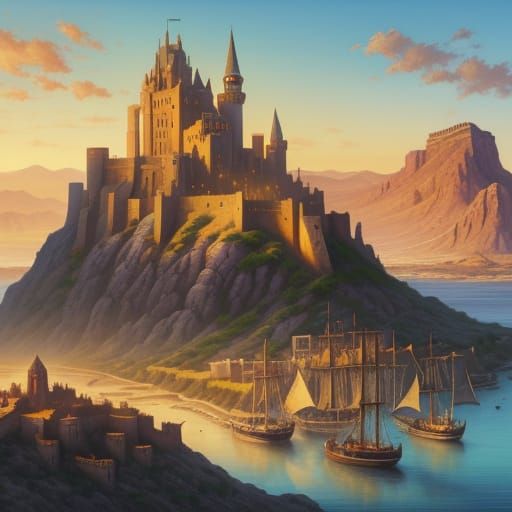 Fantasy Landscape with Medieval Village and Desert, Oil Pain...