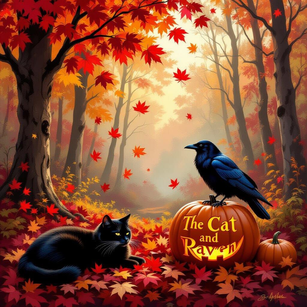 Black Cat and Raven in Autumn Forest