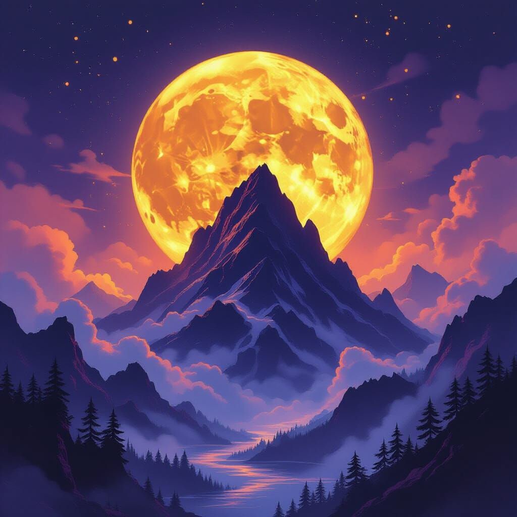 Creepy Mountain Moonrise in Dark Fantasy Watercolor Style