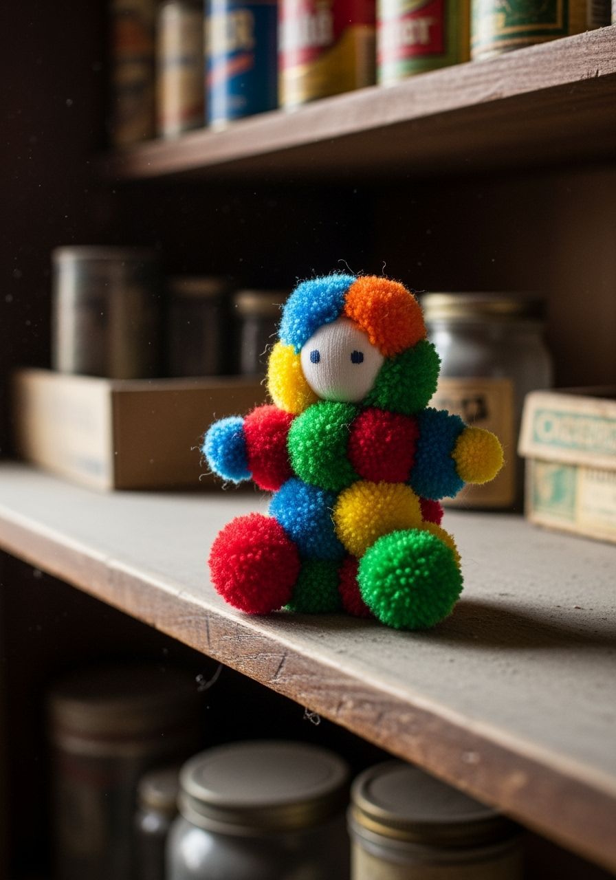Colorful Pompom Doll on Dusty Shelf