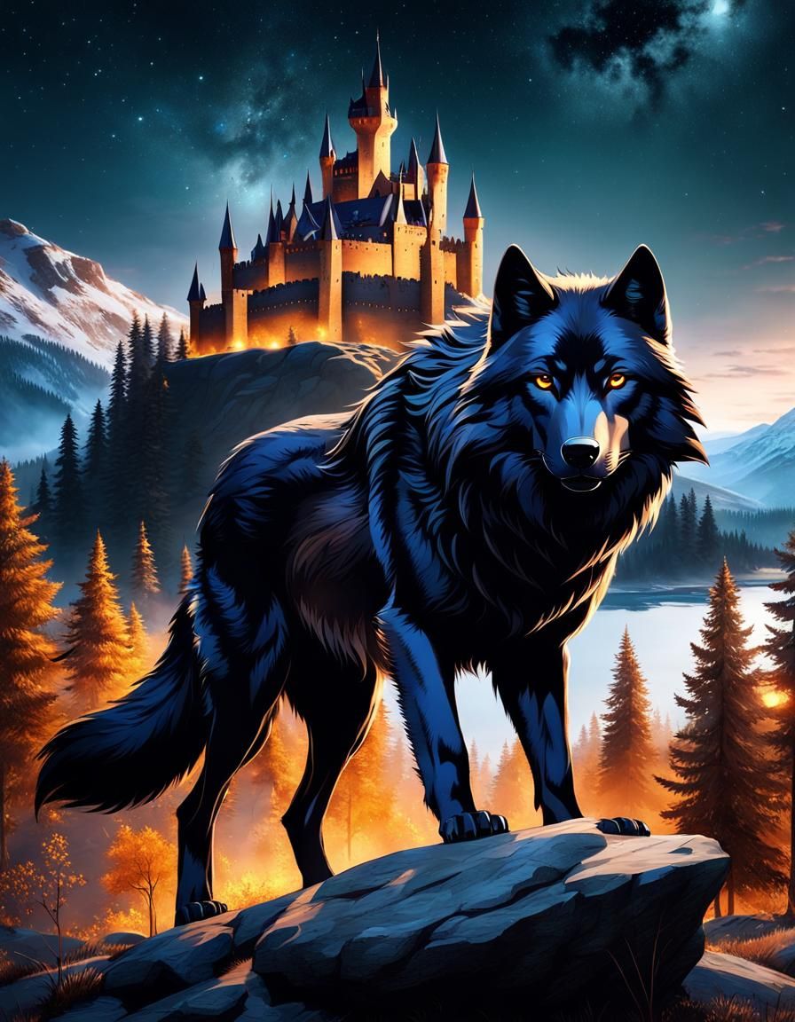 Majestic Black Wolf Overlooking Medieval Castle at Twilight