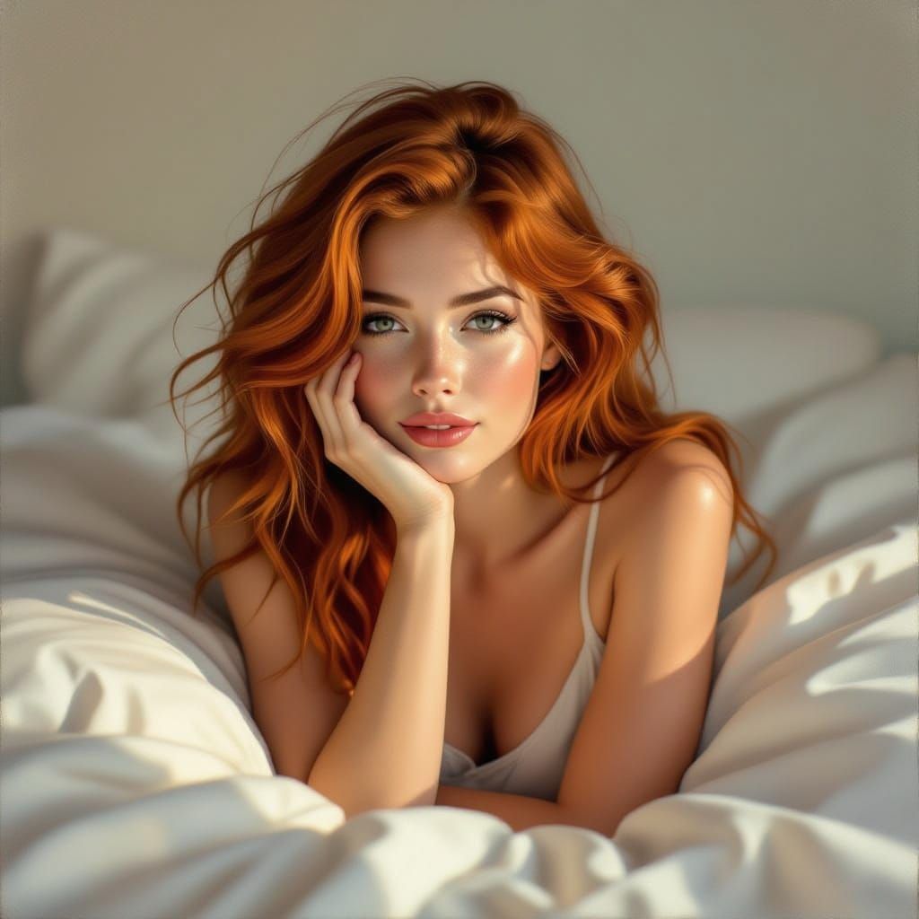 Red-Haired Woman Awakens in Soft Morning Light