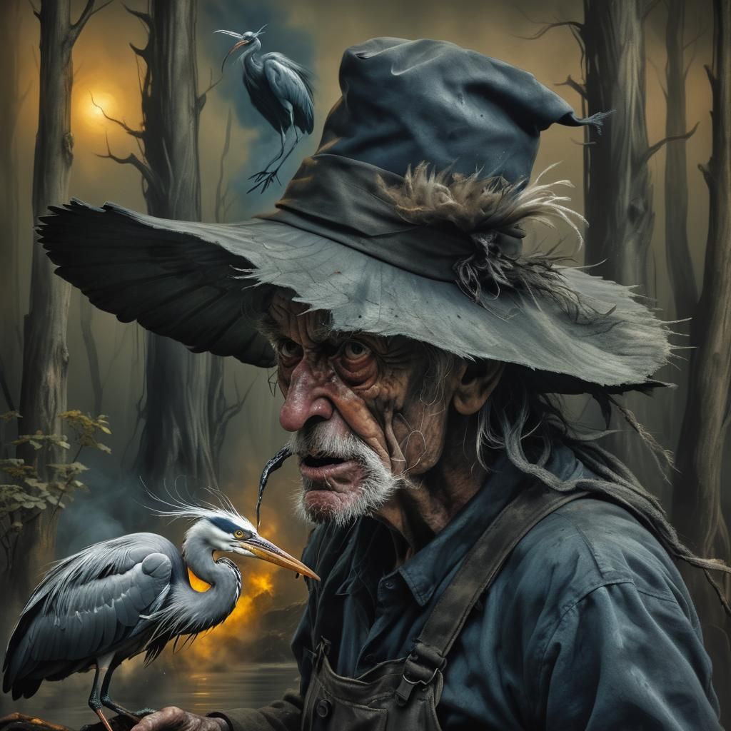 Man Versus Demonic Heron in Expressive Charcoal