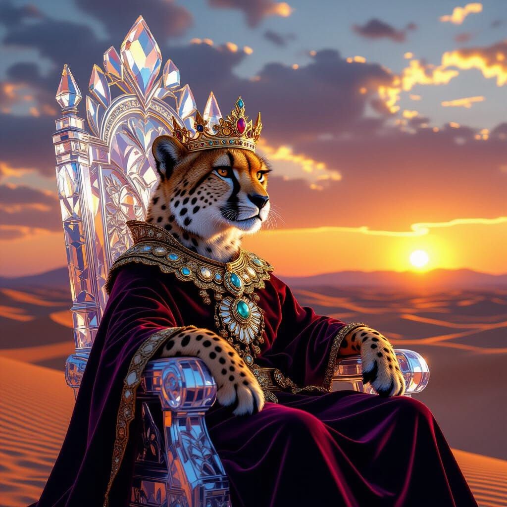 Regal Cheetah Overlooking Desert Sunset, Hyperrealistic Styl...