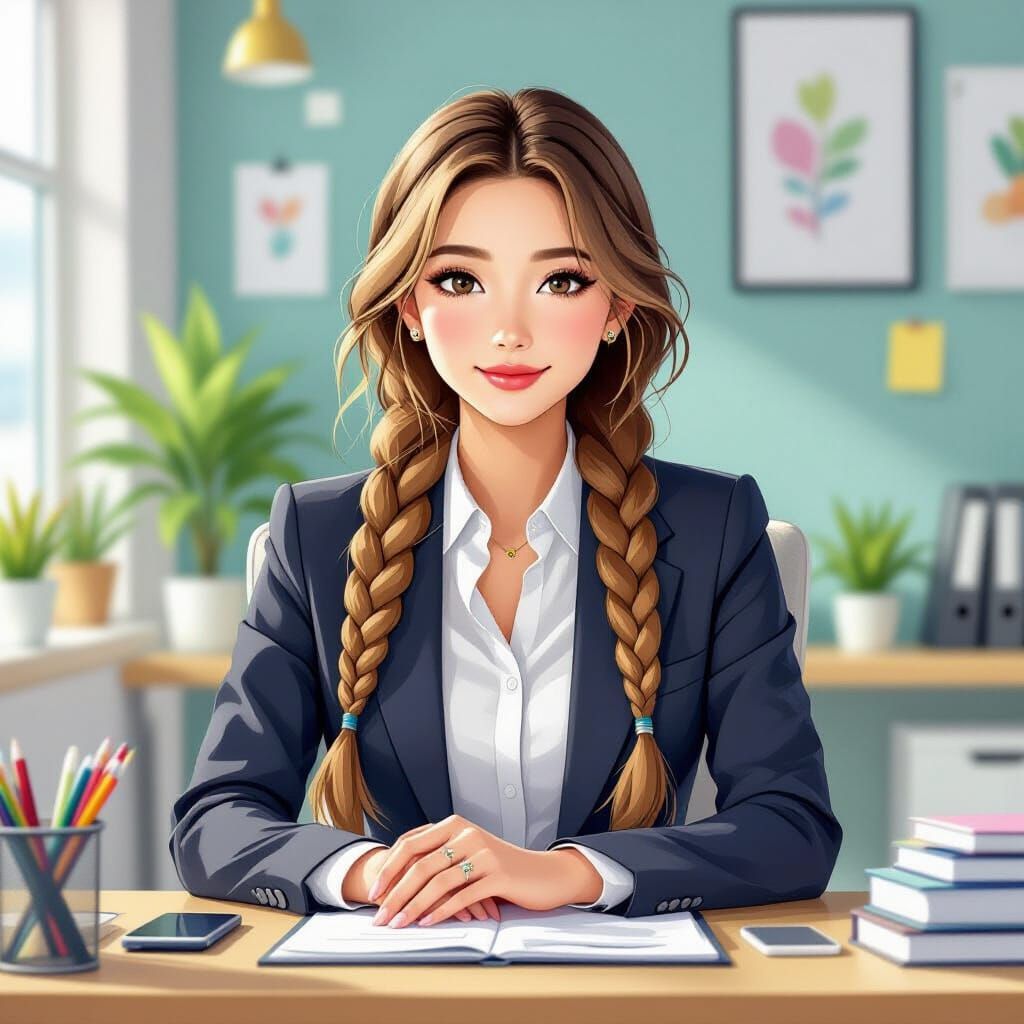 Anime Woman with Braids in Office Setting