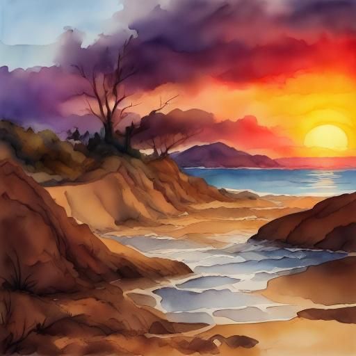 Sunset Island in Detailed Watercolor Style