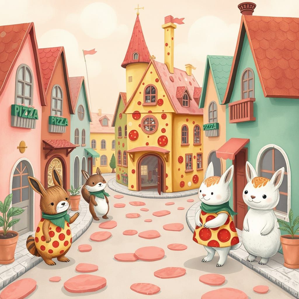 Whimsical Pizza Town with Anthropomorphic Animals